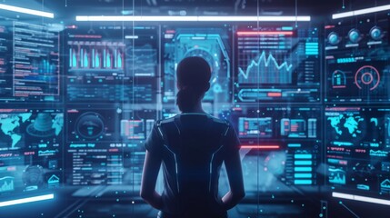 a futuristic banking app interface with holographic elements, showcasing advanced features like facial recognition for security, real-time financial analytics, and AI-driven customer service, s