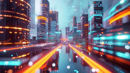 a futuristic cityscape where buildings represent servers and data pathways as highways, illustrating the concept of website data transfer in an urban metaphor Created Using 3D rendering, futuri