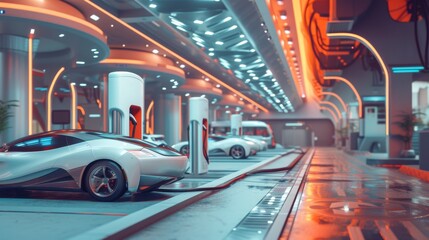a futuristic EV charging station with advanced design elements, showcasing numerous electric vehicles being charged, with a focus on the innovative technology and environmental friendliness of