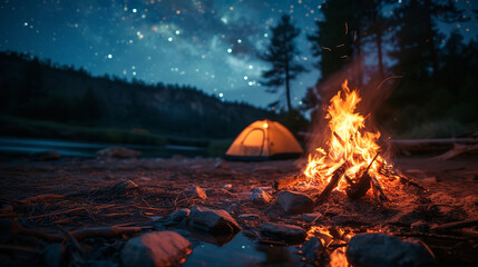 A close-up of a warm campfire at a night campsite, with a tent in the background The fire's flickering flames reflect on the tent, surrounded by a starry sky, creating a cozy and a, AI Generative