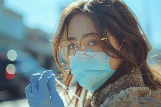 Coronavirus, Epidemic Outbreak. A woman, a girl with a mask on her face holds an injection. Test yourself, stay home, and save lives.