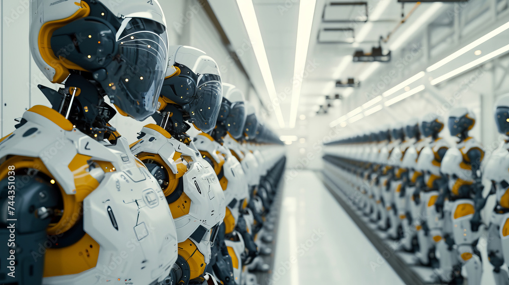 Poster a dynamic view of a modern innovation factory, where the assembly line is a flurry of activity robot