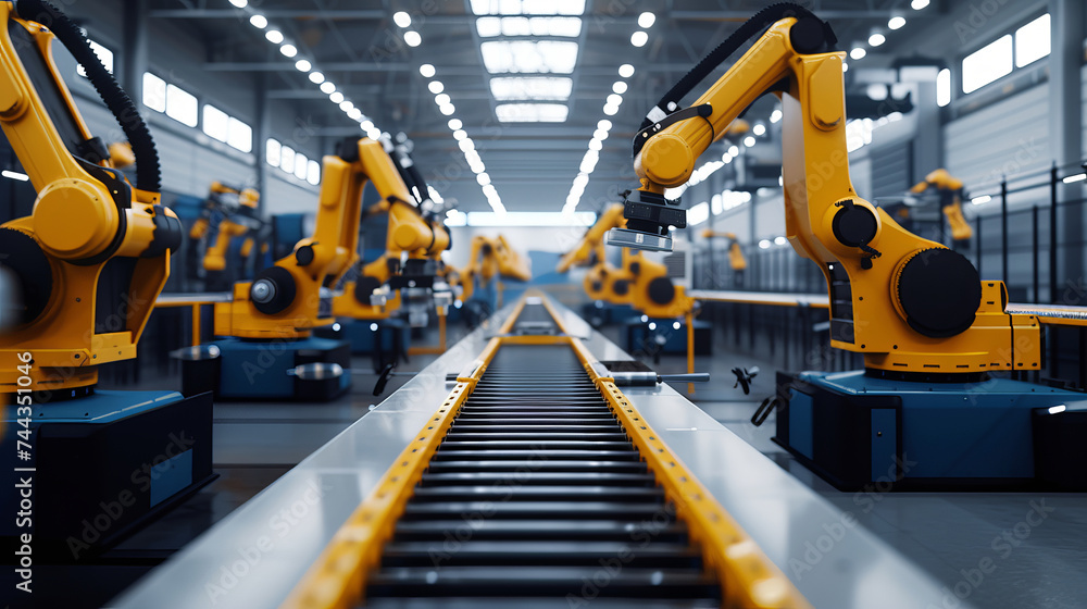 Poster a dynamic view of a modern innovation factory, where the assembly line is a flurry of activity robot