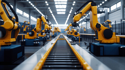 A dynamic view of a modern innovation factory, where the assembly line is a flurry of activity Robots colored in deep dark blue and darker yellow work seamlessly in the minimalist , AI Generative