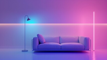 A full-length picture of a clean and minimalist living space with a small sofa, a floor lamp, and neon lights. The composition should highlight the simplicity and elegance of the r, AI Generative