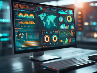 A photo-realistic image of a computer screen displaying advanced firewall and antivirus software in action, with real-time data protection, detailed analytics, and a user-friendly interface, em