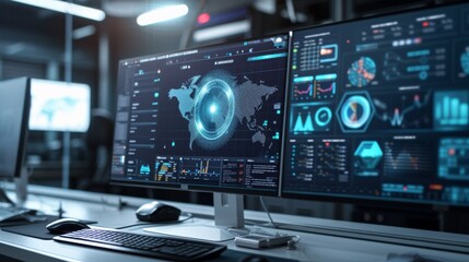 A photo-realistic image of a computer screen displaying a modern antivirus software interface, with icons and graphs indicating real-time protection against cyber threats, set in a secure and h