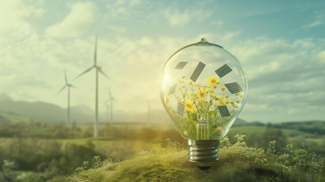 A photo-realistic image of a clear light bulb, with detailed miniature wind turbines and solar panels inside it, set against a background of a clear sky and green landscape, symbolizing the har