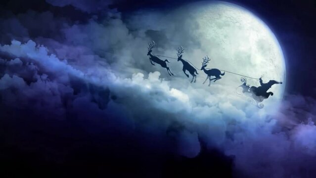 video of Santa Claus flying riding his flying reindeer on Christmas Day