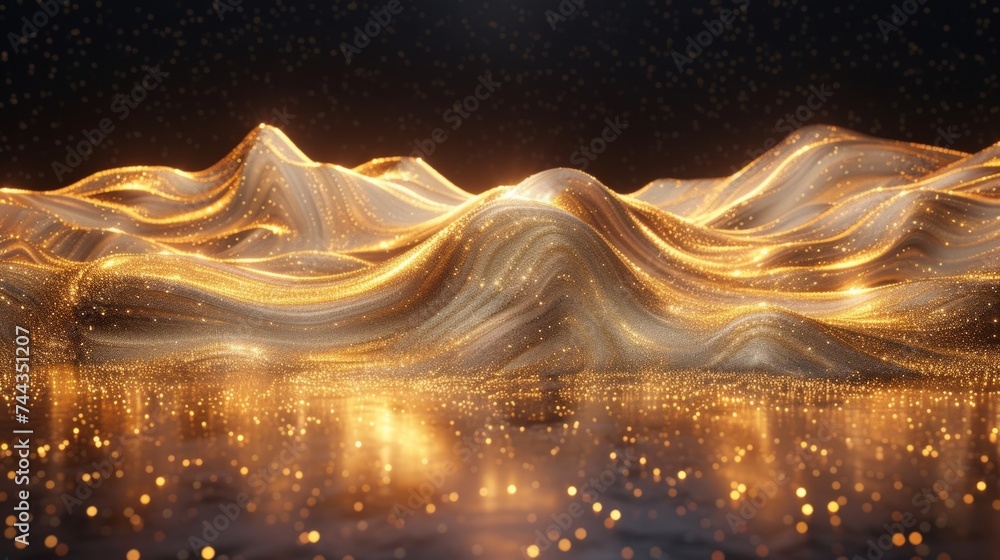 Poster a luxurious digital canvas showcases a dynamic wave of gold particles, illuminated by abstract light