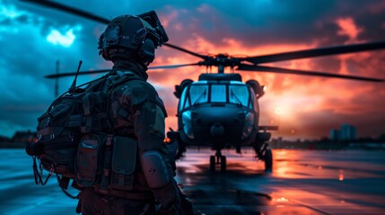 a military chopper with a special ops unit with black tactical gear in front of it, dramatic lighting, blue and orange tone, ultra high definition, 8k, AI Generative - obrazy, fototapety, plakaty
