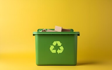 green recycle bin isolated on yellow background