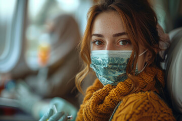 Coronavirus, Epidemic Outbreak. A woman, a girl with a mask on her face holds an injection. Test yourself, stay home, and save lives. - obrazy, fototapety, plakaty