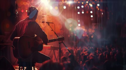 A musician is playing an acoustic guitar on a stage, the spotlight shines on him, and the audience is captivated by his melodious music, Ciematic lighting, double exposure photogra, AI Generative