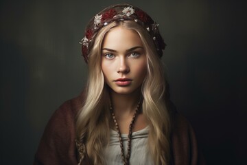 Hardworking Scandinavian woman medieval. Female warrior. Fictional person. Generate Ai