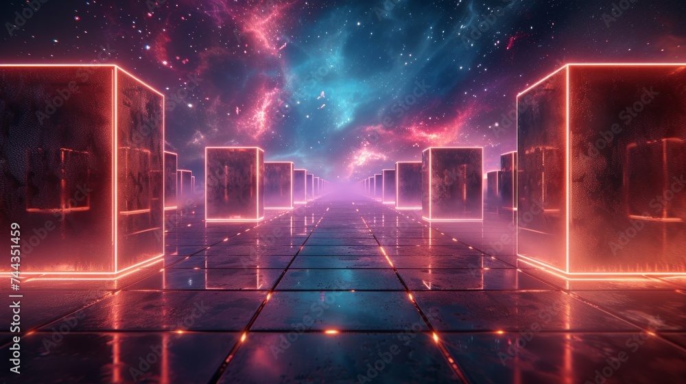 Poster abstract 3d background with neon cubes, floating in space, vibrant and dynamic, wide format, digital