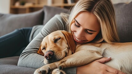 Smiling happy blonde woman dressed in casual clothes petting sleepy furry cute labrador on sofa....