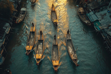 Bangkok Floating Market aerial view, Damnoen Saduak boat market, popular tourist destination