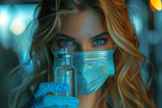 Coronavirus, Epidemic Outbreak. A woman, a girl with a mask on her face holds an injection. Test yourself, stay home, and save lives.