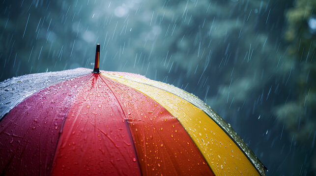 A striking image of an open umbrella on a rainy day, its vibrant color contrasting against a gray sky, with raindrops visibly bouncing off the waterproof fabric Created Using strik, AI Generative