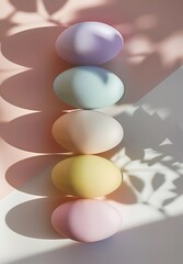 Subtly colored Easter eggs are arranged in a vertical column and placed on a background crafted from shades of pink and white, adorned with beautiful floral patterns and shadows.