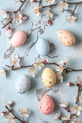 Obraz premium Easter eggs are arranged on a light blue background with a marble pattern, adorned with pink cherry blossoms, emanating a springtime atmosphere all around.