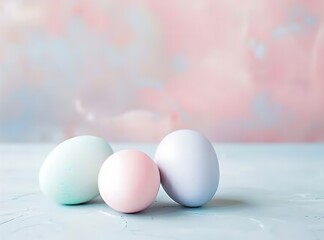 The pink and light blue eggs are arranged on a light blue wooden tabletop, against a background of abstract pink and blue oil painting texture.