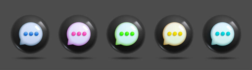 3d message bubble in a circle dark mode. Different realistic vector messaging icons for designs and concepts with dark background. 3d Sets of Vector Elements.