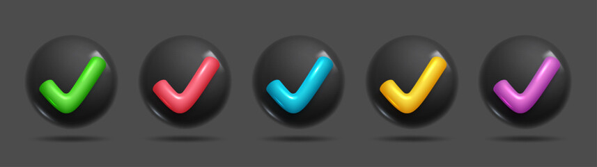 3d realistic check mark icons in different colours dark mode. Sets of check correct right icons. 3d Sets of Vector Elements. - obrazy, fototapety, plakaty