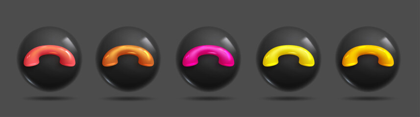 3d realistic call icons reject calls in different warm colour variants in dark mode. 3d Sets of Vector Elements.