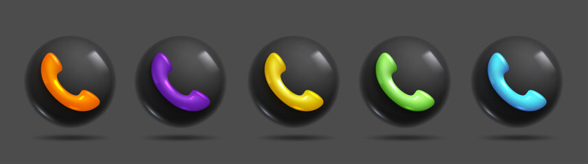 Naklejka premium Sets of 3d realistic telephone icons in different colour variations in dark mode. Realistic vector for minimal and modern designs. 3d Sets of Vector Elements.