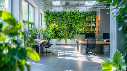 Green, sustainable and ecological office space with daily employee traffic A modern and eco-friendly startup with ESG standards and an office with care for employee well-being and a healthy environmet - obrazy, fototapety, plakaty
