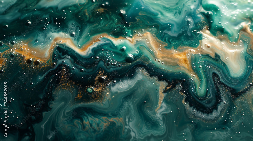 Poster closeup of bubbly marbled acrylics mixing and merging creating a unique textured pattern.