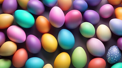 Bright œufs de pâques colorés dans un nid avec plume et fond flou avec espace de - obrazy, fototapety, plakaty