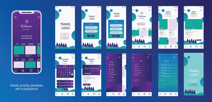 Tour and Travel app ui kit vector for responsive mobile app or website with different layout including login, Sign Up, User profile, Transaction and Notification screens with dummy texts.	