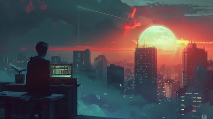 Copy space boy makes music on top of a building while looking out over the city at sunset...