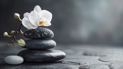 Fototapeta na wymiar spa stones stacked with a white orchid