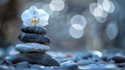spa stones stacked with a white orchid