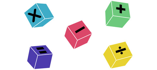 Mathematic learning education concept on isolated background. basic math operation colorful icon symbols math, plus, minus, multiplication, number divide.