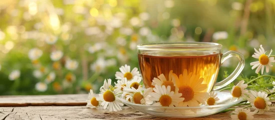 Deurstickers Aromatic chaa tea in elegant cup with dahlias blooming in garden © AkuAku