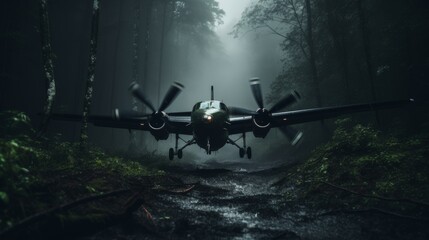 a plane crashes into a dark forest - obrazy, fototapety, plakaty