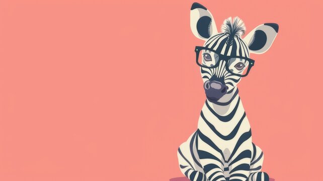 Illustration in flat style, A cute little zabra wearing glasses posed against a studio background