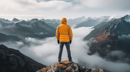 hiker on top of the mountain - obrazy, fototapety, plakaty