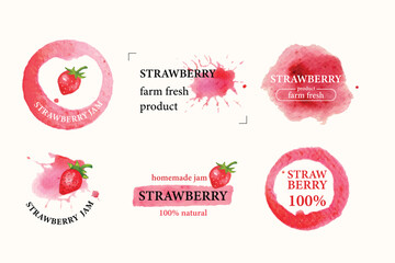Strawberry logo label set. Watercolor hand drawn painting strawberry. Organic and natural product guaranteed banner. Vector logo design.