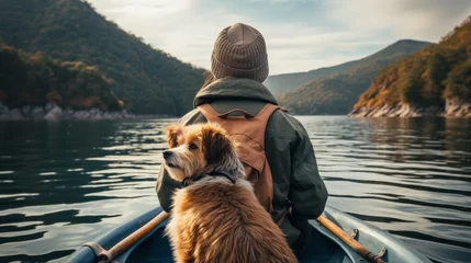 Poster a traveler and his dog are having an adventure on a canoe © JH45