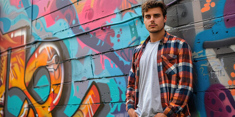 Fashionable Generation Z man confidently stands with a wall covered in a graffiti mural behind him