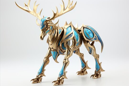 An elegant deer statue, with majestic antlers, perched on a pristine white base