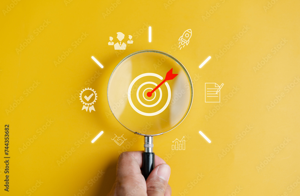 Aufkleber magnifier glass focus to target objective with idea creative light bulb icon. planning development l