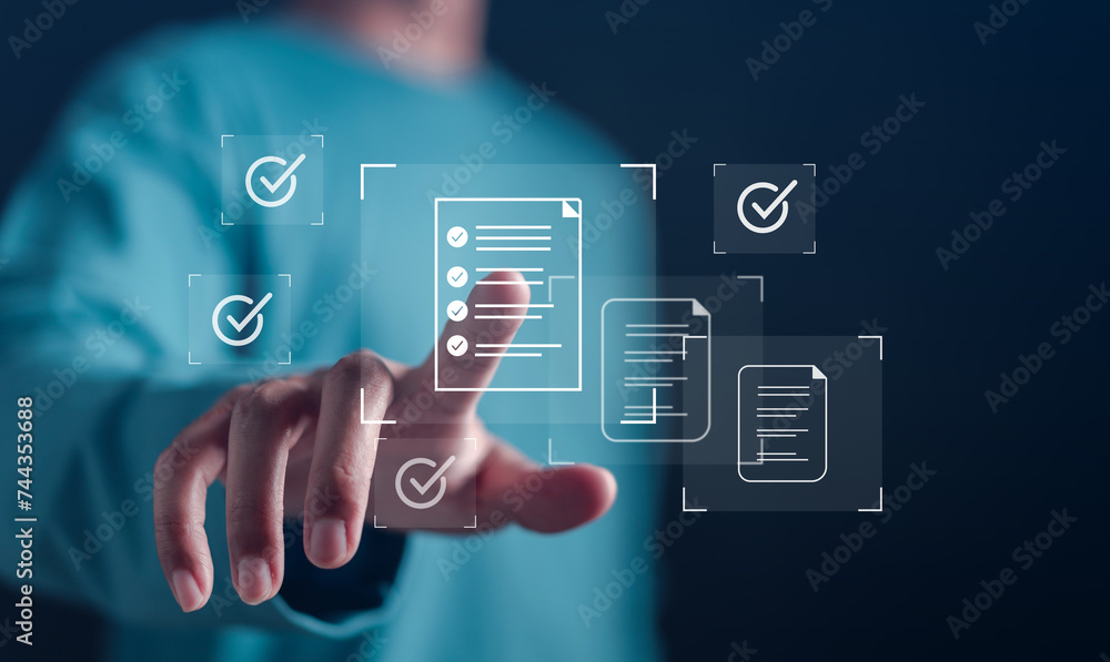 Leinwandbilder Quality Certificate and Checklist document inspecting target marketing planning assignment with quality management. Standardization, certification. Compliance to regulations service and standards.