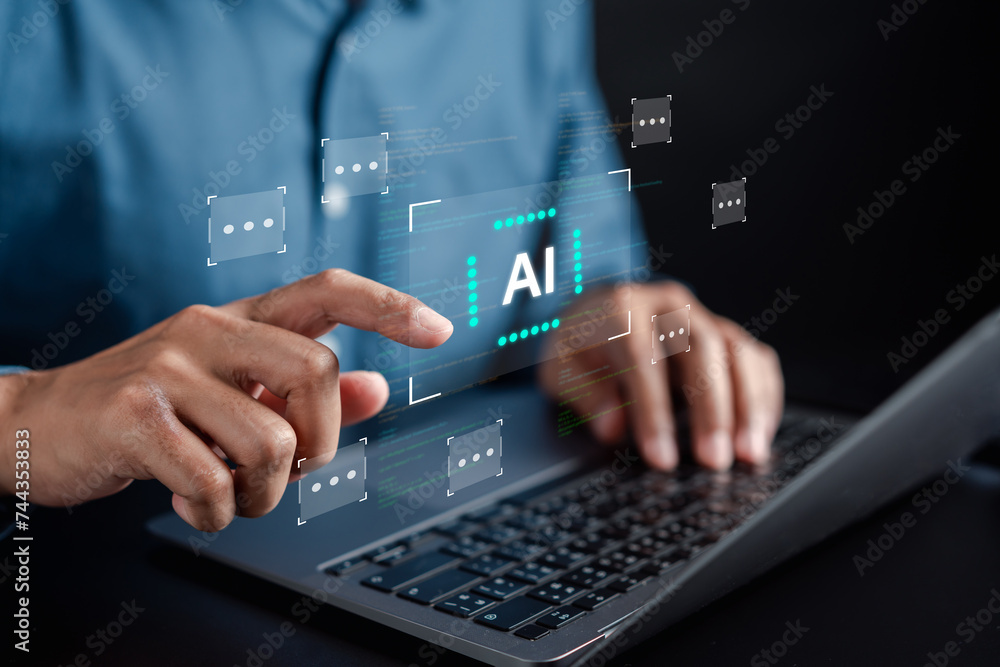 Aufkleber Businessman using ai technology. chat bot with AI Artificial Intelligence generate. Futuristic technology, robot in online system. Business in future...